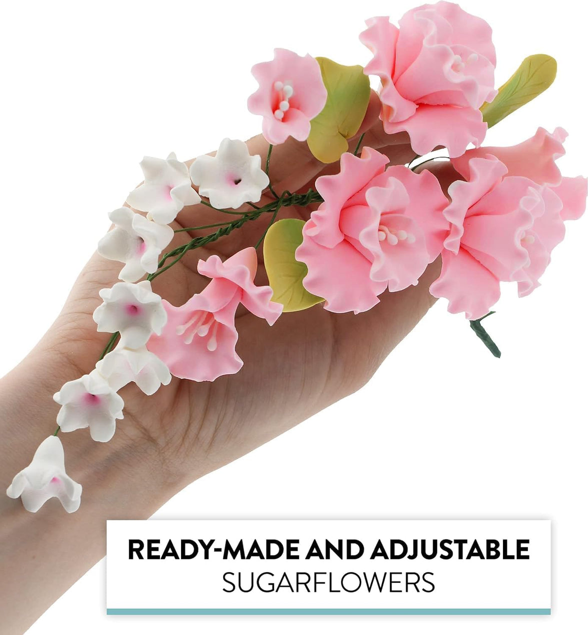 Flower Blossom Spray, Gum Paste Sugar Flowers for Cake Decorating, Pink Cherry Blossoms with Leaves