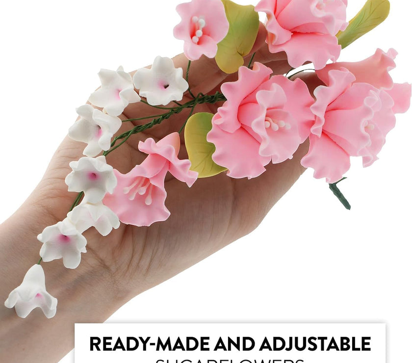 Flower Blossom Spray, Gum Paste Sugar Flowers for Cake Decorating, Pink Cherry Blossoms with Leaves
