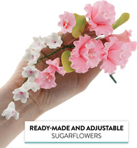 Flower Blossom Spray, Gum Paste Sugar Flowers for Cake Decorating, Pink Cherry Blossoms with Leaves