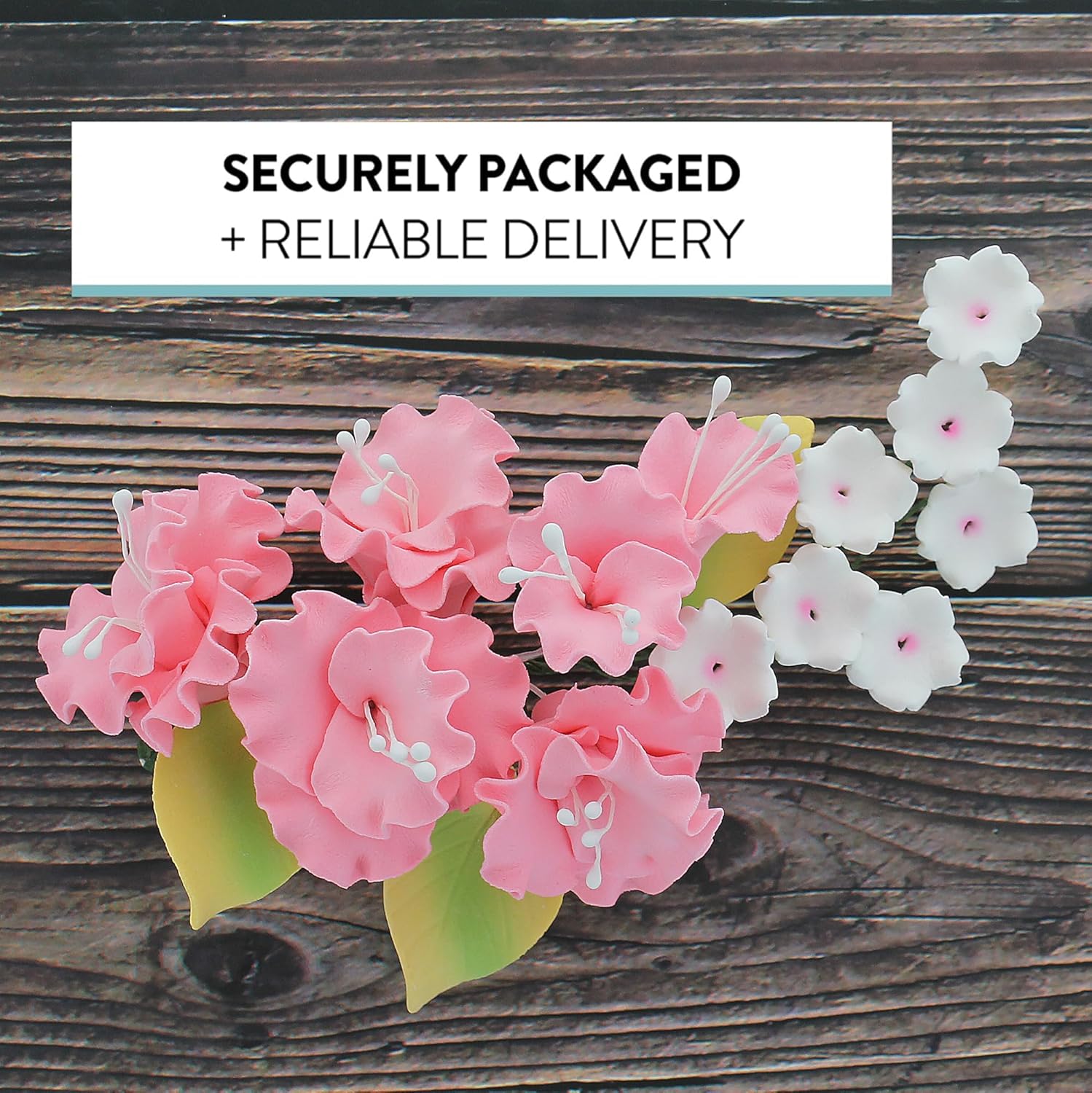 Flower Blossom Spray, Gum Paste Sugar Flowers for Cake Decorating, Pink Cherry Blossoms with Leaves