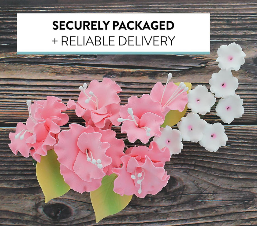 Flower Blossom Spray, Gum Paste Sugar Flowers for Cake Decorating, Pink Cherry Blossoms with Leaves