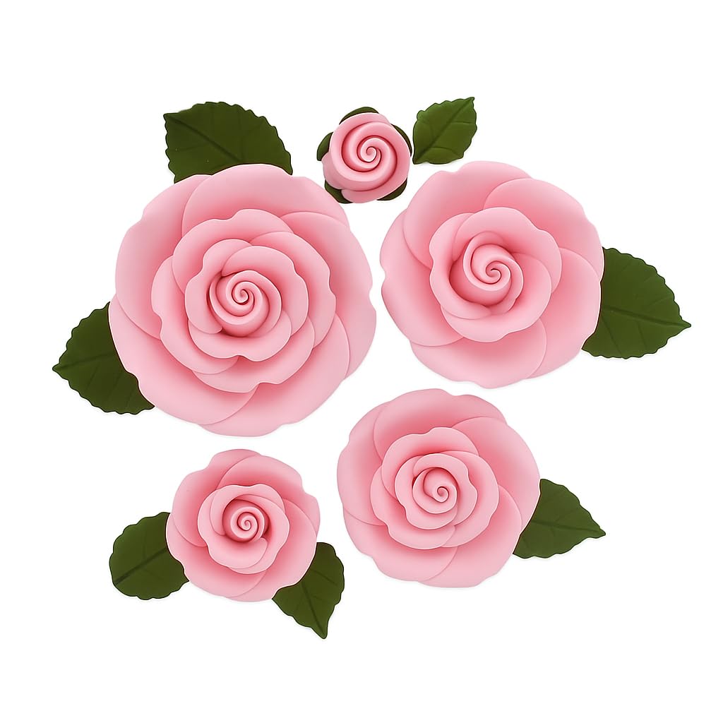Exquisite Rose & Leaf Kit, Sugar Cake Flowers by Global Sugar Art, Pink Roses with Leaves, 65-Piece Set