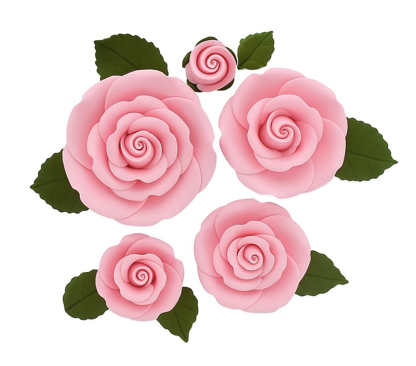 Exquisite Rose & Leaf Kit, Sugar Cake Flowers by Global Sugar Art, Pink Roses with Leaves, 65-Piece Set