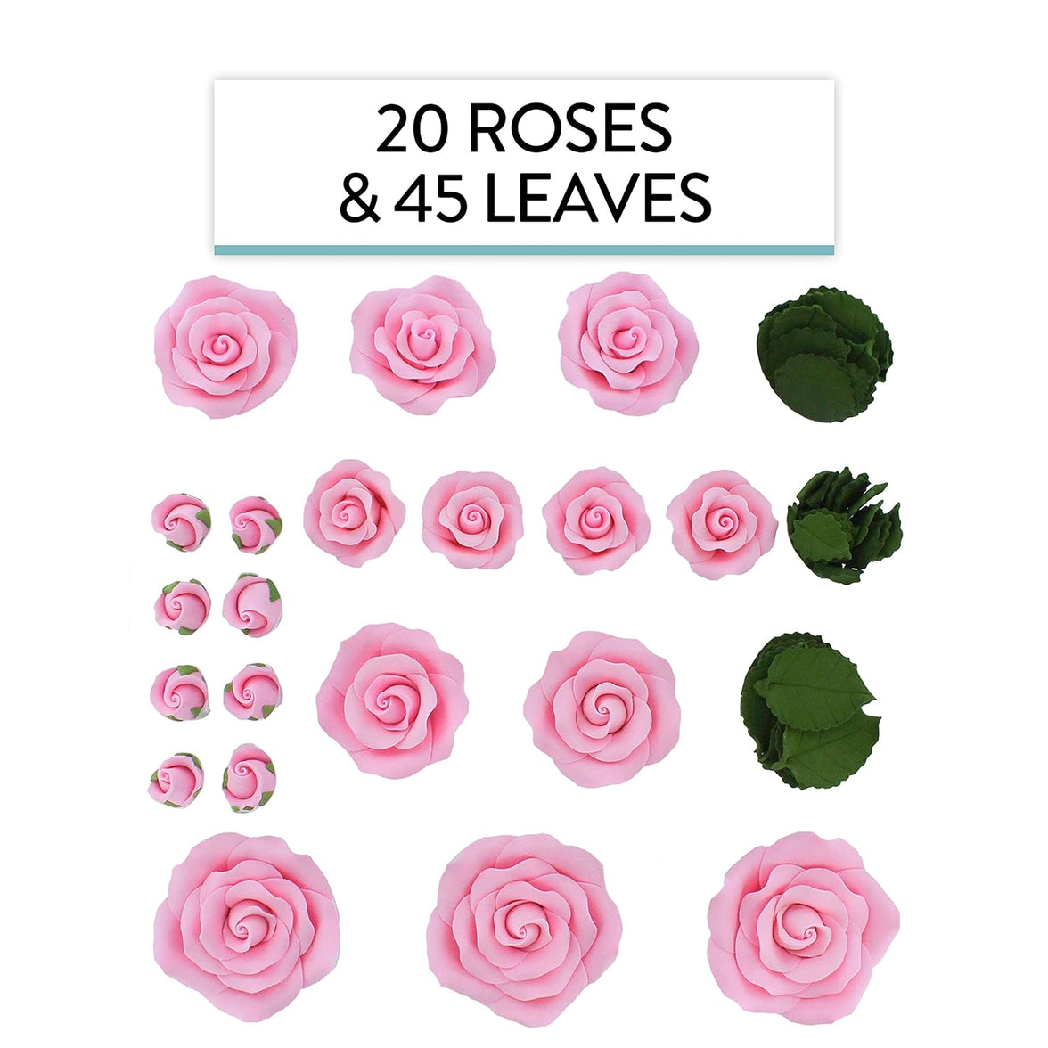 Exquisite Rose & Leaf Kit, Sugar Cake Flowers by Global Sugar Art, Pink Roses with Leaves, 65-Piece Set