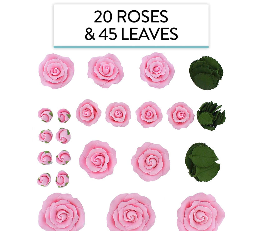Exquisite Rose & Leaf Kit, Sugar Cake Flowers by Global Sugar Art, Pink Roses with Leaves, 65-Piece Set