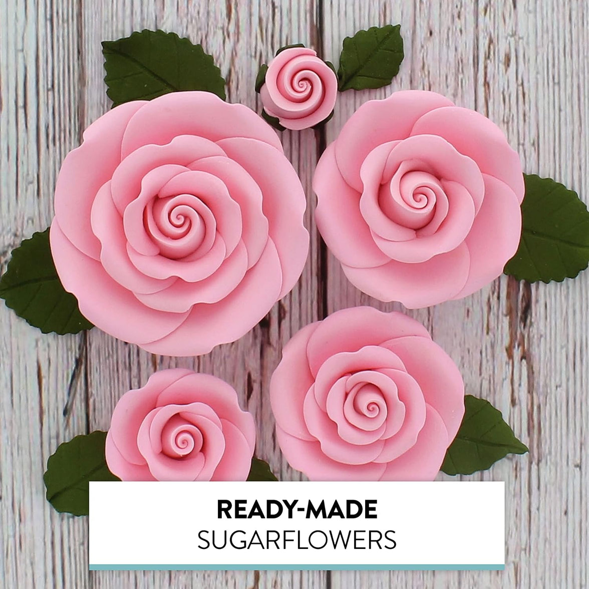 Exquisite Rose & Leaf Kit, Sugar Cake Flowers by Global Sugar Art, Pink Roses with Leaves, 65-Piece Set