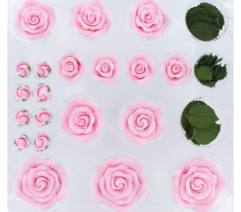 Exquisite Rose & Leaf Kit, Sugar Cake Flowers by Global Sugar Art, Pink Roses with Leaves, 65-Piece Set
