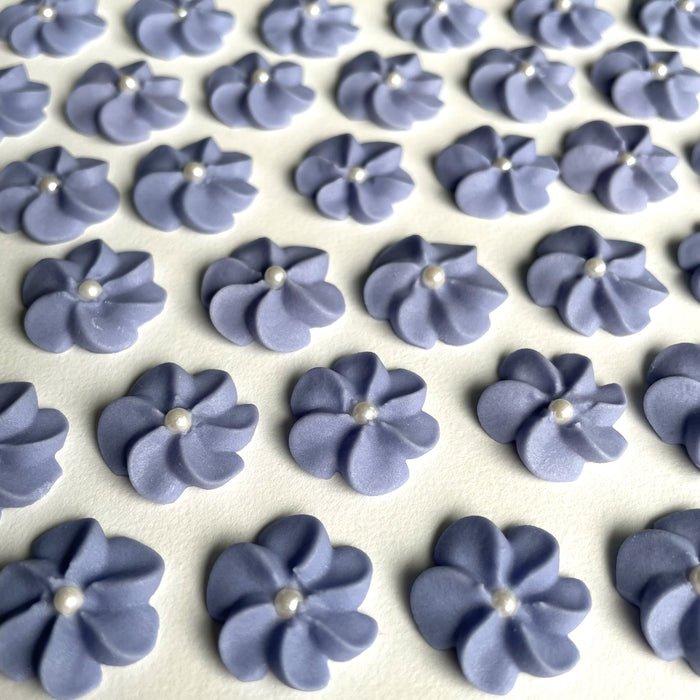 Purple Royal Icing Drop Flowers with Pearl Centers