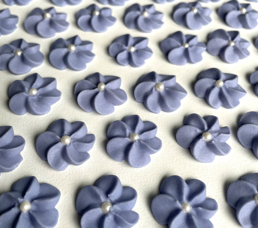 Purple Royal Icing Drop Flowers with Pearl Centers