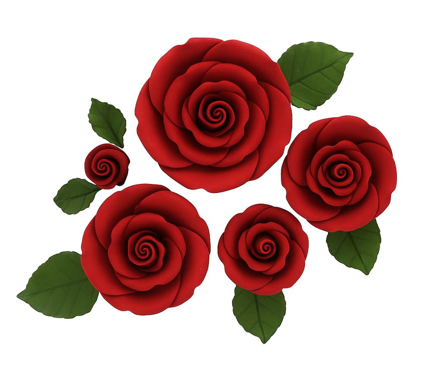 Exquisite Rose & Leaf Kit, Sugar Cake Flowers by Global Sugar Art, Red Roses with Leaves, 65-Piece Set