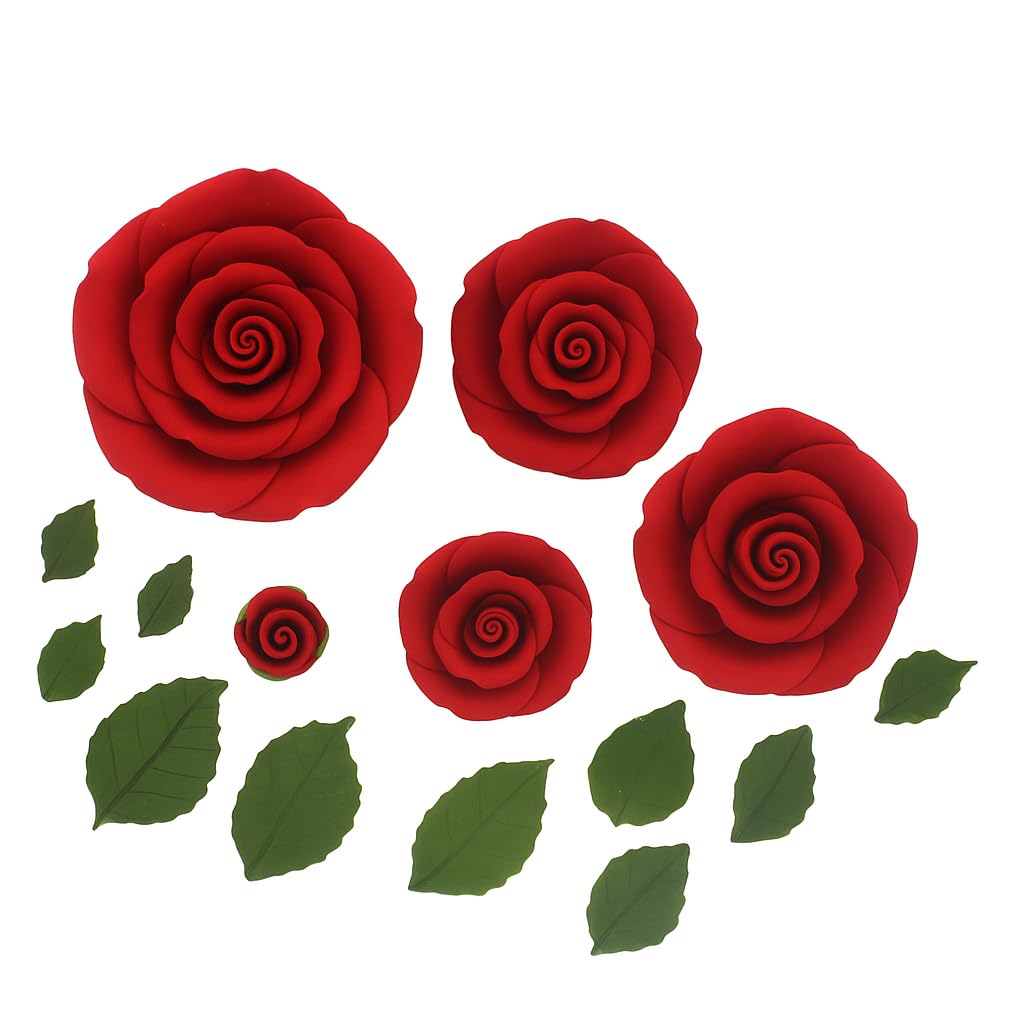 Exquisite Rose & Leaf Kit, Sugar Cake Flowers by Global Sugar Art, Red Roses with Leaves, 15-Piece Set