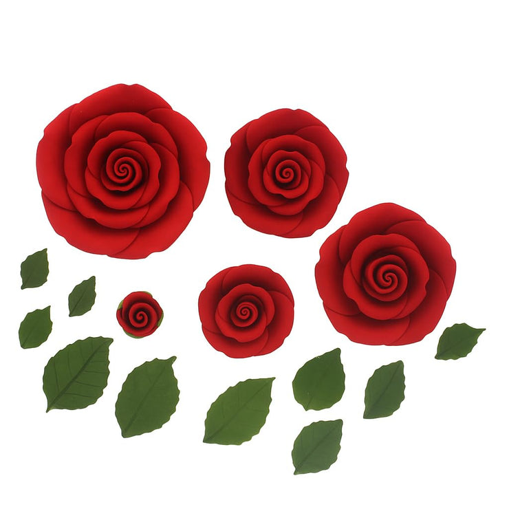 Exquisite Rose & Leaf Kit, Sugar Cake Flowers by Global Sugar Art, Red Roses with Leaves, 15-Piece Set