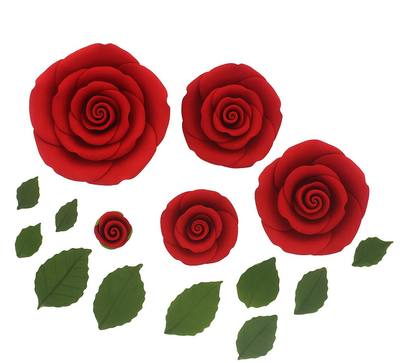 Exquisite Rose & Leaf Kit, Sugar Cake Flowers by Global Sugar Art, Red Roses with Leaves, 15-Piece Set