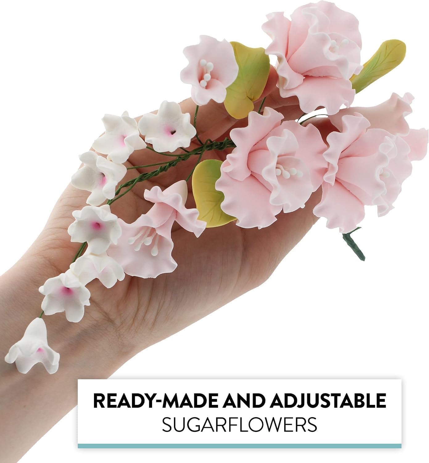 Flower Blossom Spray, Gum Paste Sugar Flowers for Cake Decorating, Soft Pink Cherry Blossoms with Leaves