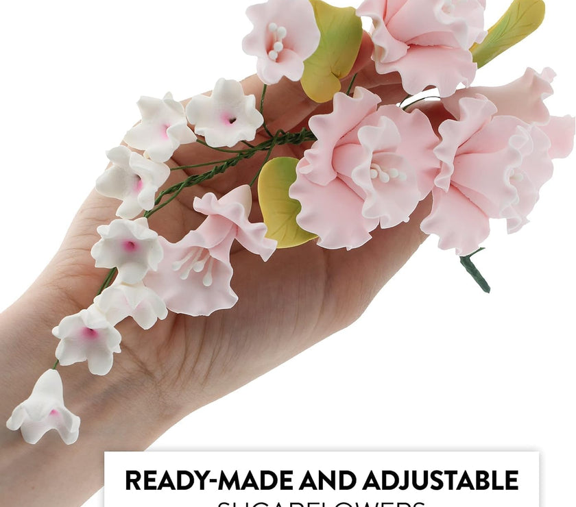 Flower Blossom Spray, Gum Paste Sugar Flowers for Cake Decorating, Soft Pink Cherry Blossoms with Leaves