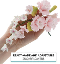 Flower Blossom Spray, Gum Paste Sugar Flowers for Cake Decorating, Soft Pink Cherry Blossoms with Leaves