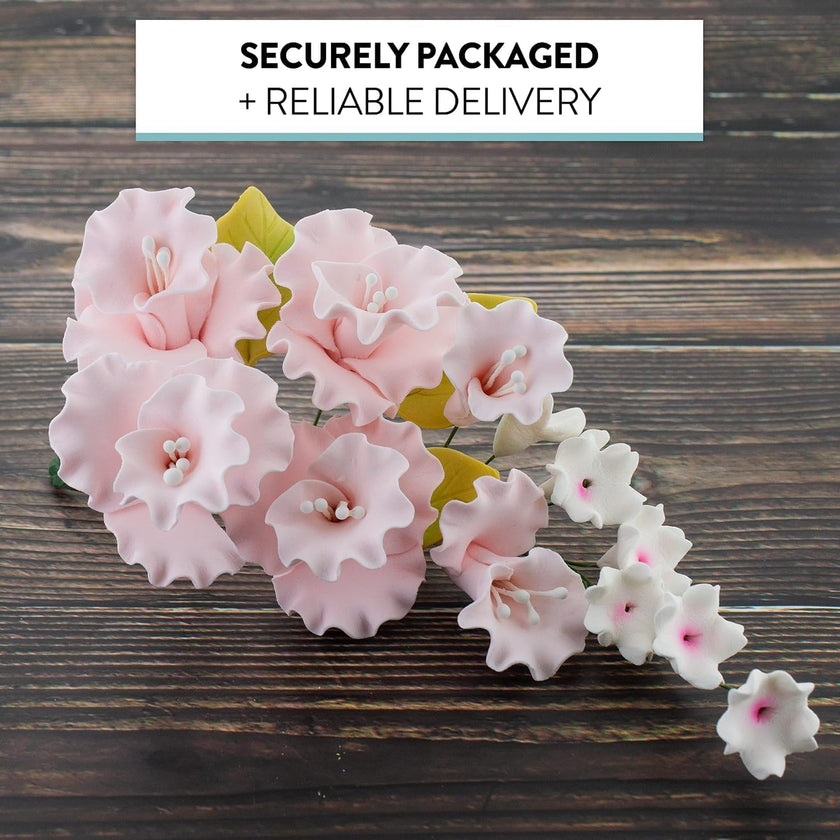 Flower Blossom Spray, Gum Paste Sugar Flowers for Cake Decorating, Soft Pink Cherry Blossoms with Leaves
