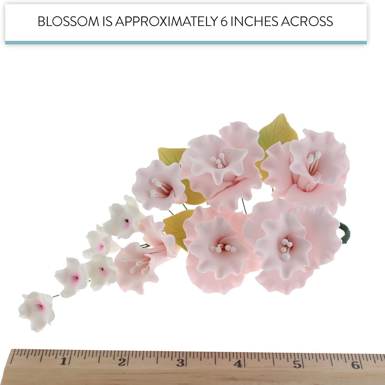Flower Blossom Spray, Gum Paste Sugar Flowers for Cake Decorating, Soft Pink Cherry Blossoms with Leaves
