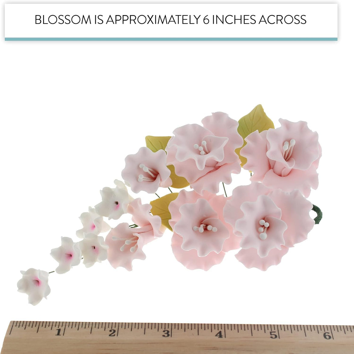 Flower Blossom Spray, Gum Paste Sugar Flowers for Cake Decorating, Soft Pink Cherry Blossoms with Leaves