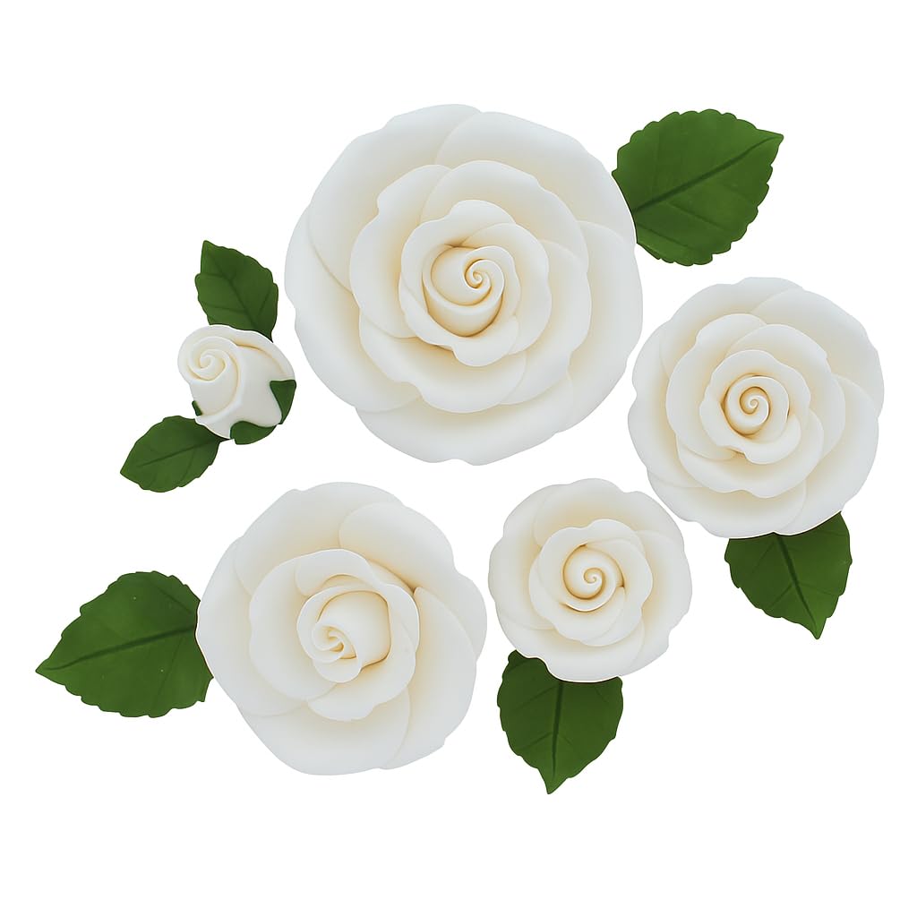 Exquisite Rose & Leaf Kit, Sugar Cake Flowers by Global Sugar Art, White Roses with Leaves, 65-Piece Set