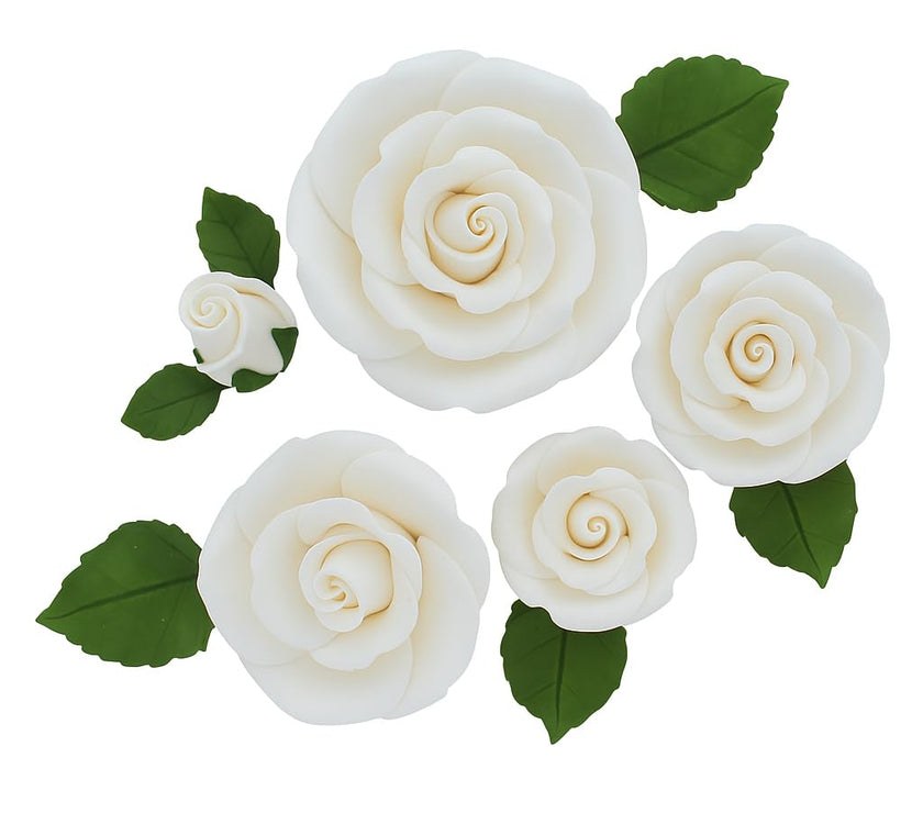 Exquisite Rose & Leaf Kit, Sugar Cake Flowers by Global Sugar Art, White Roses with Leaves, 65-Piece Set