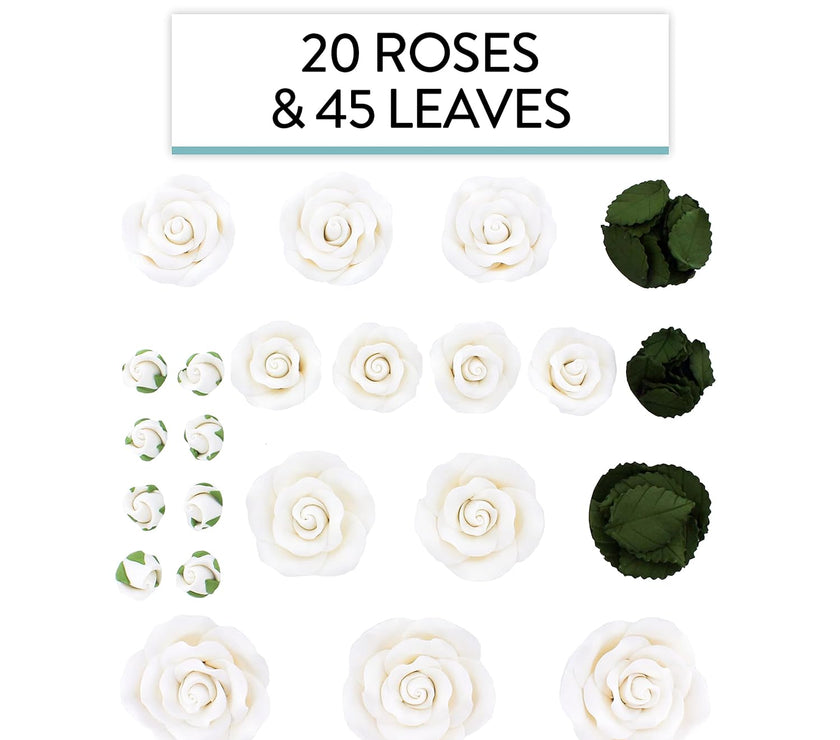 Exquisite Rose & Leaf Kit, Sugar Cake Flowers by Global Sugar Art, White Roses with Leaves, 65-Piece Set
