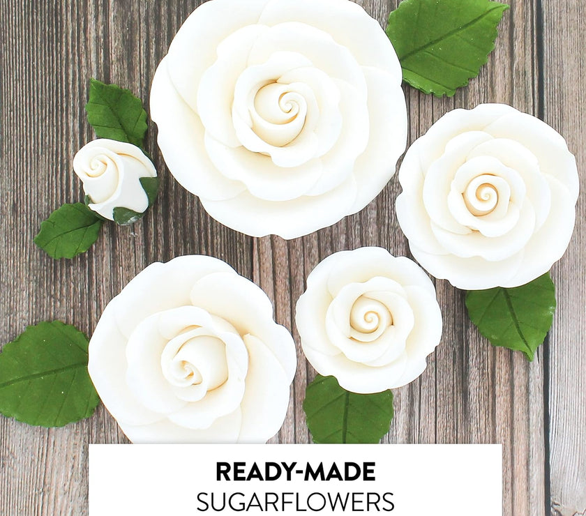 Exquisite Rose & Leaf Kit, Sugar Cake Flowers by Global Sugar Art, White Roses with Leaves, 65-Piece Set