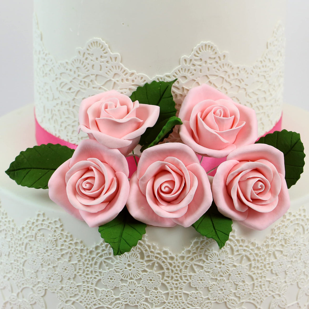 Peace Rose Sugar Flowers with Leaves, Cake Decorating Kit, by Global Sugar Art, Medium, Pink