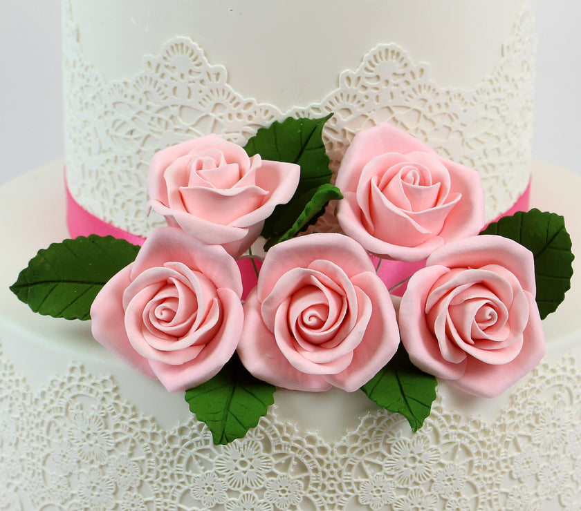 Peace Rose Sugar Flowers with Leaves, Cake Decorating Kit, by Global Sugar Art, Medium, Pink