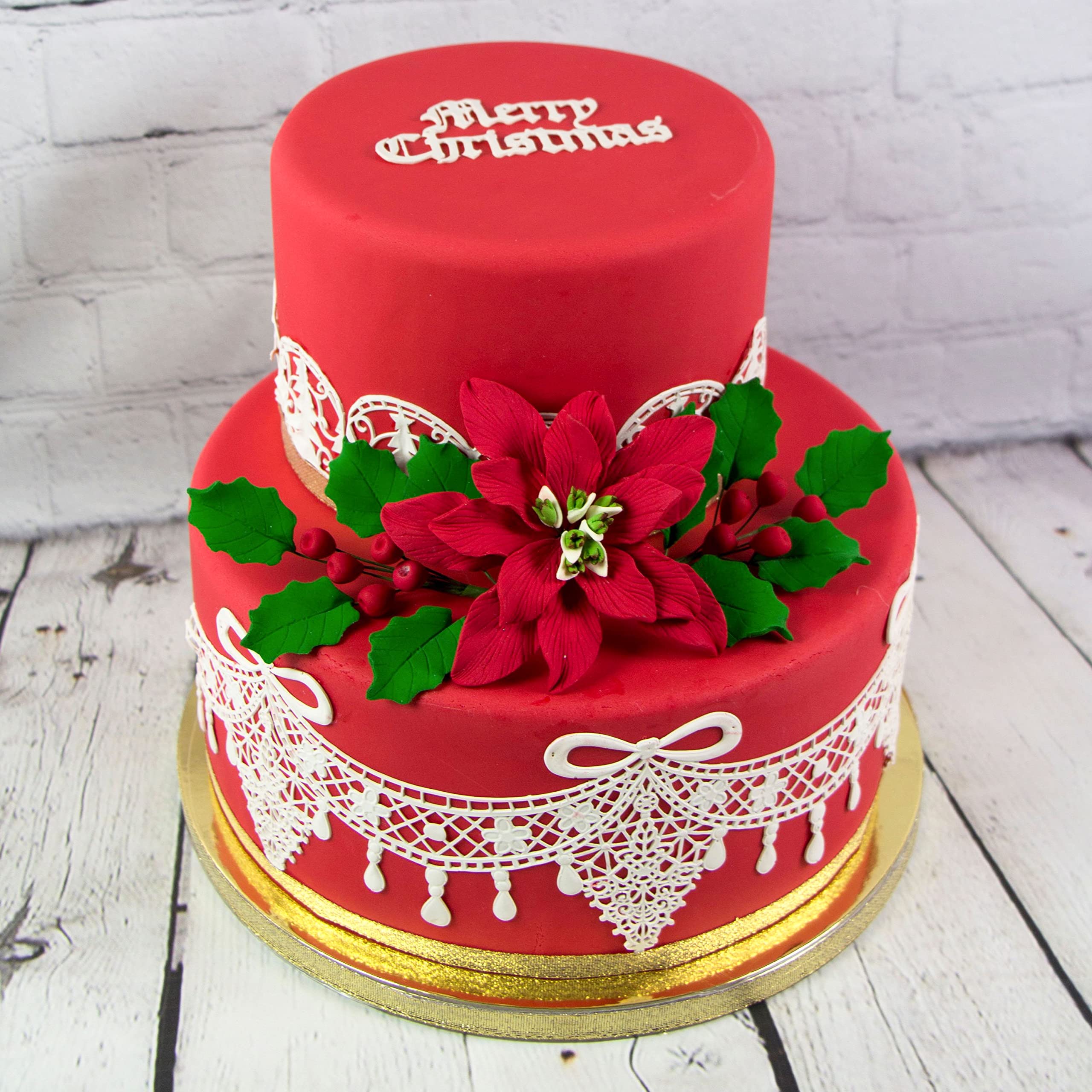 Poinsettia Sugar Flower & Holly Leaf Spray Kit for Cakes, by Global Sugar Art, Small with Berries