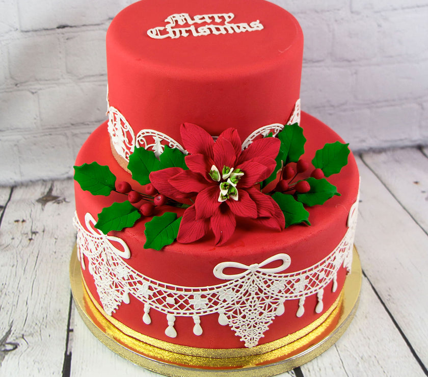 Poinsettia Sugar Flower & Holly Leaf Spray Kit for Cakes, by Global Sugar Art, Small with Berries