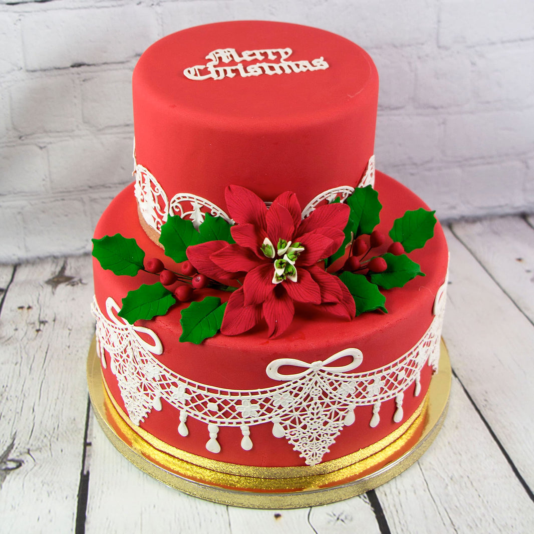 Poinsettia Sugar Flower & Holly Leaf Spray Kit for Cakes, by Global Sugar Art, Small with Berries