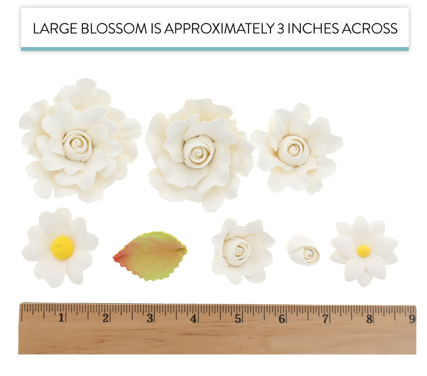 Ruffled Rose and Blossom Set, Sugar Flowers for Cakes, by Global Sugar Art, White