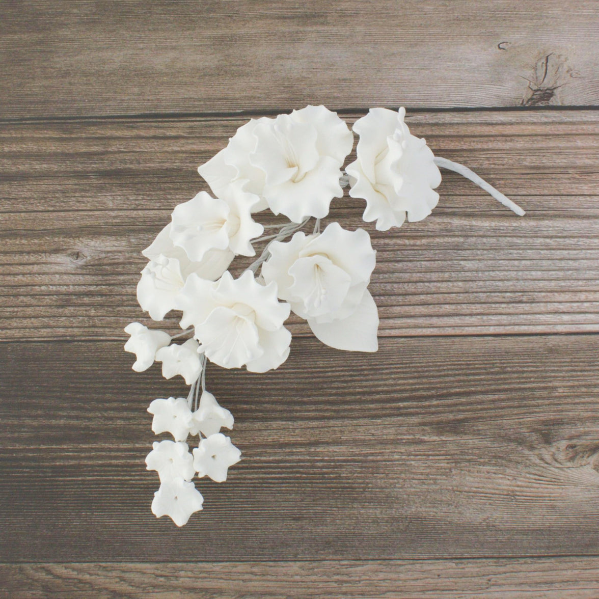 Flower Blossom Spray, Gum Paste Sugar Flowers for Cake Decorating, White Cherry Blossoms with Leaves