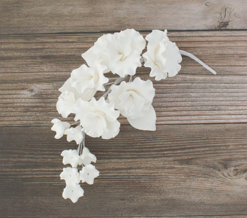 Flower Blossom Spray, Gum Paste Sugar Flowers for Cake Decorating, White Cherry Blossoms with Leaves