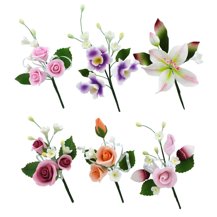 Assorted Sugar Cake Flower Sprays, Bold Orchid & Rose Mix, by Global Sugar Art, 6 Count