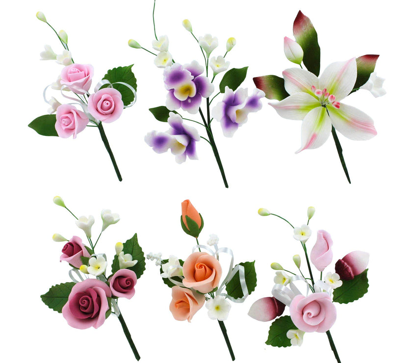 Assorted Sugar Cake Flower Sprays, Bold Orchid & Rose Mix, by Global Sugar Art, 6 Count