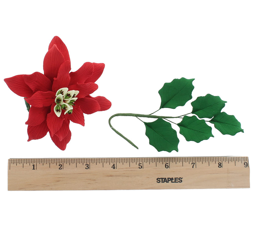 Poinsettia Sugar Flower & Holly Leaf Spray Kit for Cakes, by Global Sugar Art, Large without Berries