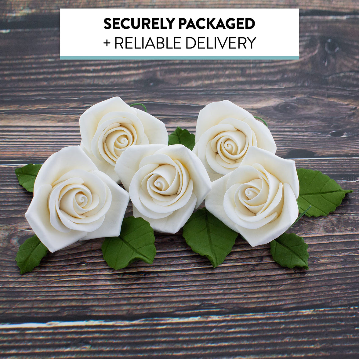Peace Rose Sugar Flowers with Leaves, Cake Decorating Kit, by Global Sugar Art, Medium, White