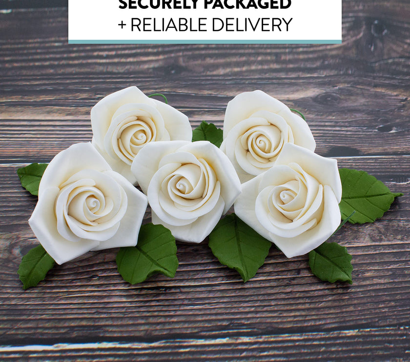 Peace Rose Sugar Flowers with Leaves, Cake Decorating Kit, by Global Sugar Art, Medium, White