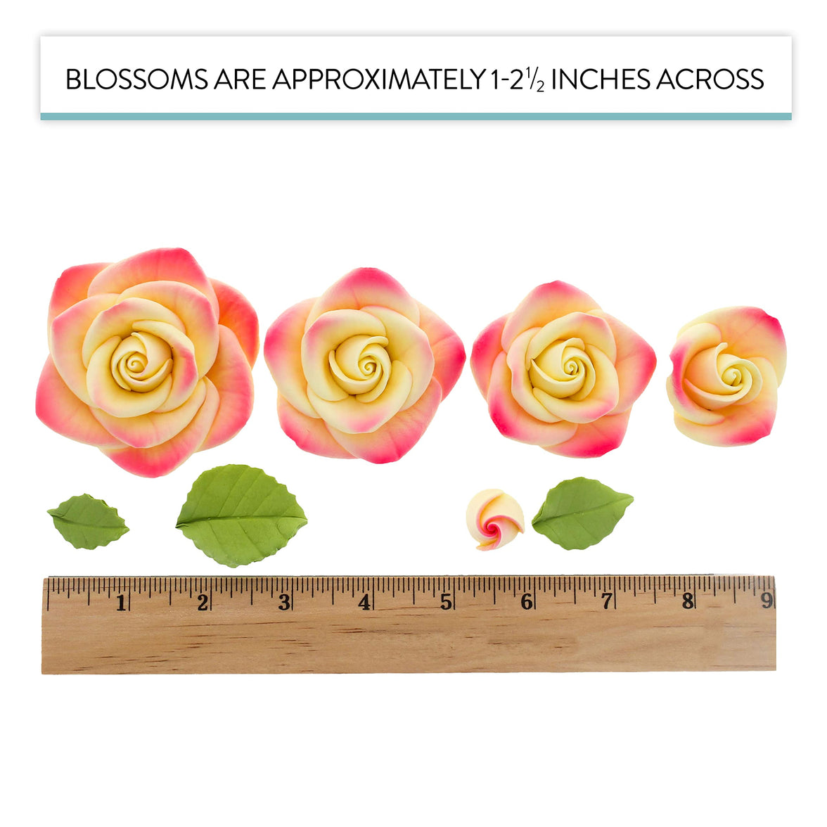 Exquisite Rose & Leaf Kit, Sugar Cake Flowers by Global Sugar Art, Yellow and Pink Roses with Leaves, 15-Piece Set