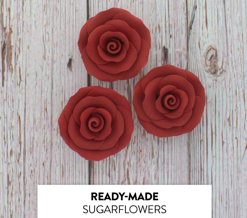 Deluxe Red Roses for Cake Decorating, Premium Unwired Sugar Flowers by Global Sugar Art, Red, Medium