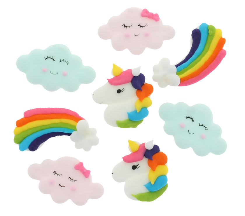 Unicorns, Rainbows & Clouds Edible Kosher Royal Icing Decorations for Cakes, Cupcakes and Cookies, by Global Sugar Art