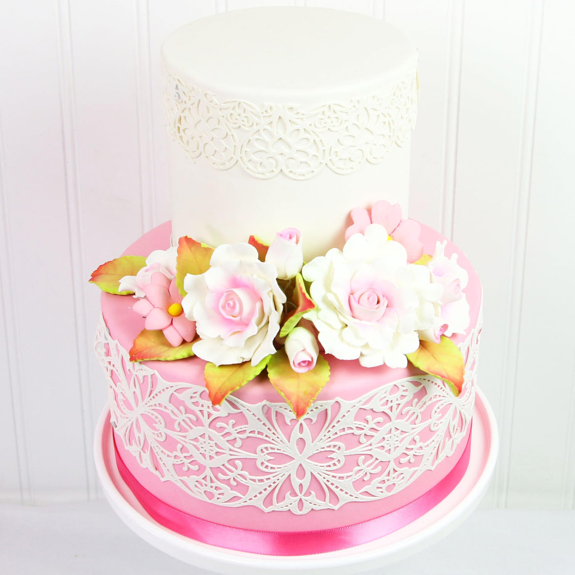 Ruffled Rose and Blossom Set, Sugar Flowers for Cakes, by Global Sugar Art, White and Pink