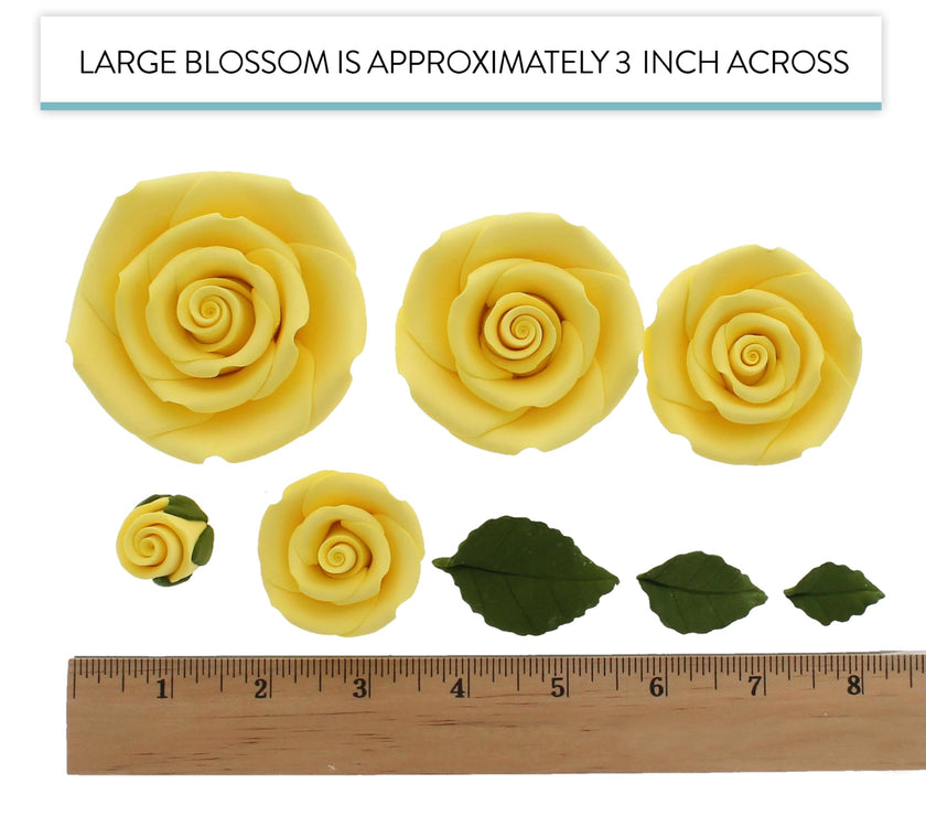 Exquisite Rose & Leaf Kit, Sugar Cake Flowers by Global Sugar Art, Yellow Roses with Leaves, 15-Piece Set
