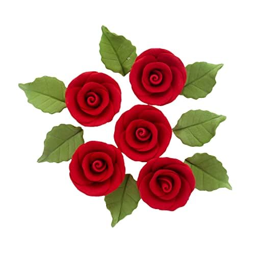 Premium Edible Roses with Leaves, Edible Sugar Cake & Cupcake Flower Kit, by Global Sugar Art, Red
