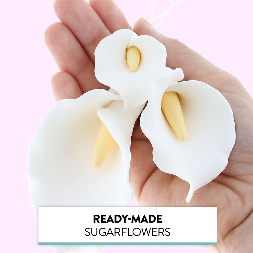 Calla Lily Sugar Cake Flowers by Global Sugar Art, White with Yellow, Wired, 3 Sizes, 6 Count