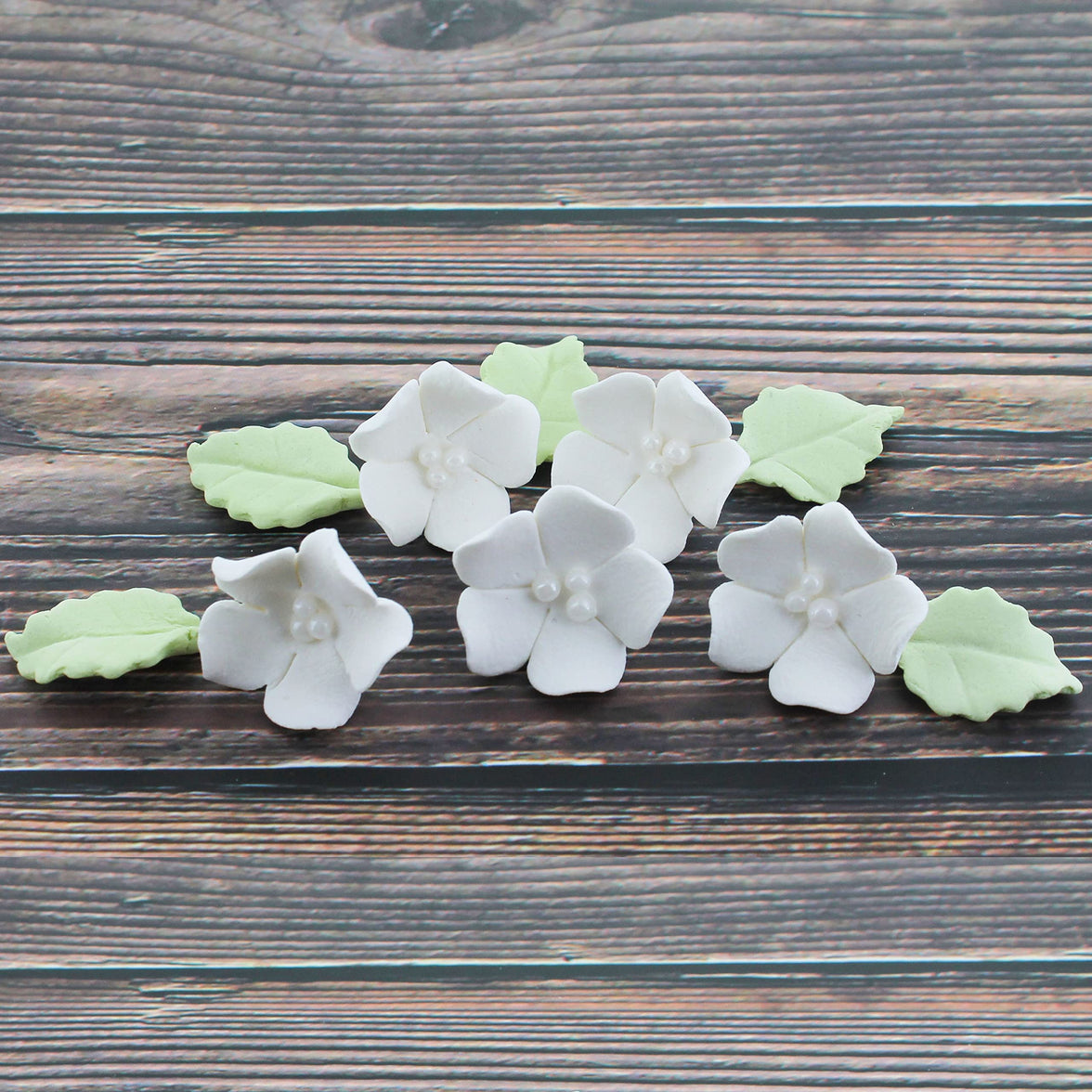 Flower Blossoms with Leaves, Edible Sugar Flowers for Cakes & Cupcakes, by Global Sugar Art, White