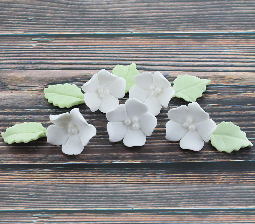 Flower Blossoms with Leaves, Edible Sugar Flowers for Cakes & Cupcakes, by Global Sugar Art, White