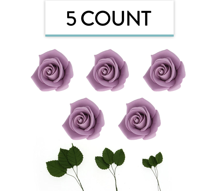 Peace Rose Sugar Flowers with Leaves, Cake Decorating Kit, by Global Sugar Art, Medium, Lavender